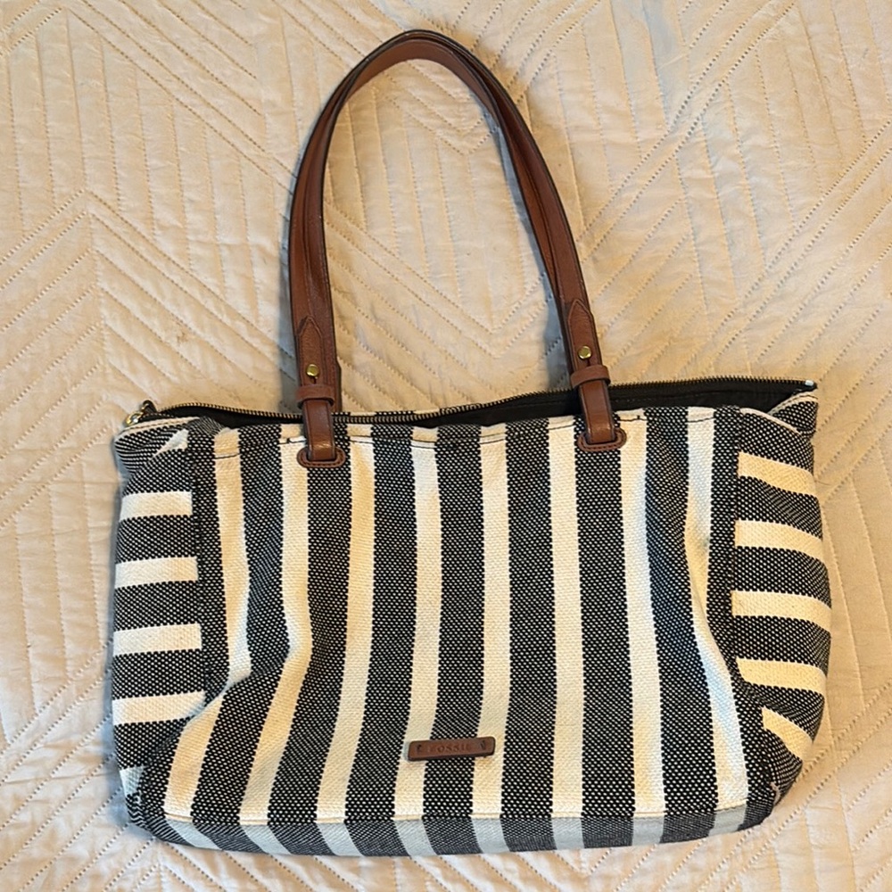 Fossil Black and White Striped Tote Bag